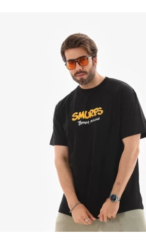 Unisex Bisiklet Yaka Baskılı Oversize T-Shirt - Siyah