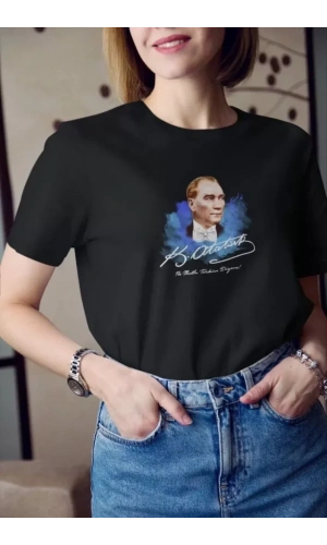 Unisex Bisiklet Yaka Baskılı Oversize T-Shirt - Siyah