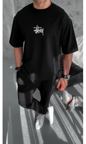 Unisex Bisiklet Yaka Baskılı Oversize T-Shirt - Siyah