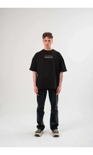 Unisex Bisiklet Yaka Baskılı Oversize T-Shirt - Siyah