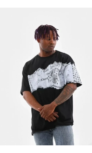 Unisex Bisiklet Yaka Baskılı Oversize T-Shirt - Siyah