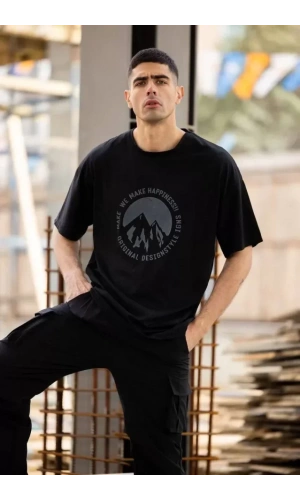 Unisex Bisiklet Yaka Baskılı Oversize T-Shirt - Siyah