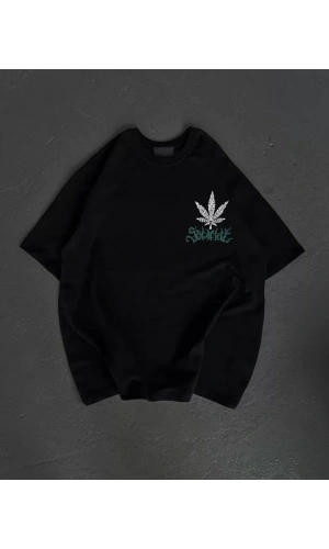 Unisex Bisiklet Yaka Baskılı Oversize T-Shirt - Siyah