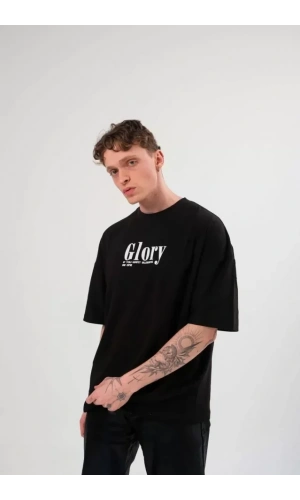 Unisex Bisiklet Yaka Baskılı Oversize T-Shirt - Siyah