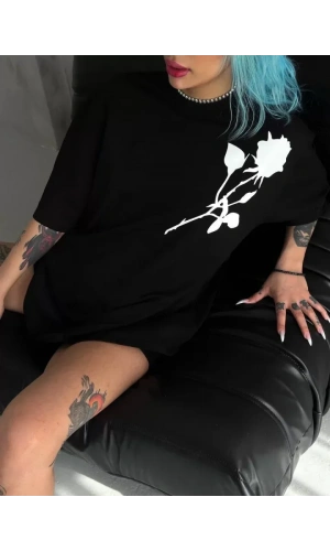 Unisex Bisiklet Yaka Baskılı Oversize T-Shirt - Siyah
