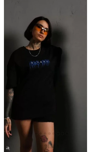 Unisex Bisiklet Yaka Baskılı Oversize T-Shirt - Siyah