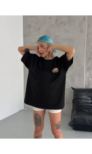 Unisex Bisiklet Yaka Baskılı Oversize T-Shirt - Siyah