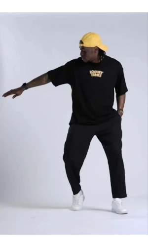 Unisex Bisiklet Yaka Baskılı Oversize T-Shirt - Siyah