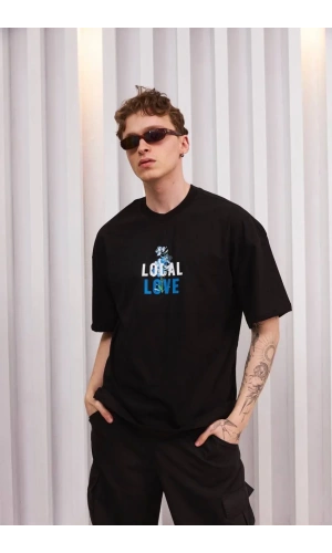 Unisex Bisiklet Yaka Baskılı Oversize T-Shirt - Siyah