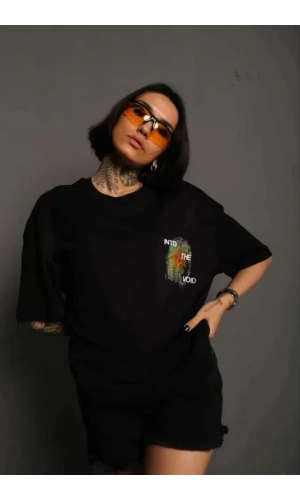 Unisex Bisiklet Yaka Baskılı Oversize T-Shirt - Siyah