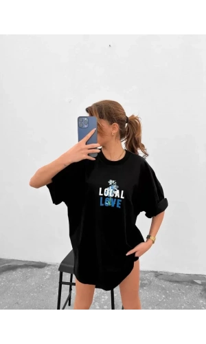 Unisex Bisiklet Yaka Baskılı Oversize T-Shirt - Siyah
