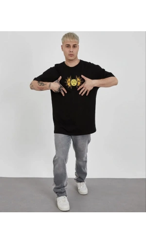 Unisex Bisiklet Yaka Baskılı Oversize T-Shirt - Siyah
