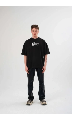 Unisex Bisiklet Yaka Baskılı Oversize T-Shirt - Siyah