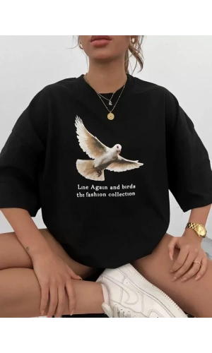 Unisex Bisiklet Yaka Baskılı Oversize T-Shirt - Siyah