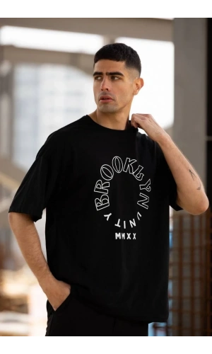 Unisex Bisiklet Yaka Baskılı Oversize T-Shirt - Siyah