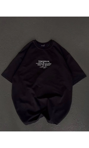 Unisex Bisiklet Yaka Baskılı Oversize T-Shirt - Siyah