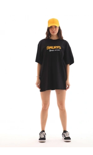 Unisex Bisiklet Yaka Baskılı Oversize T-Shirt - Siyah