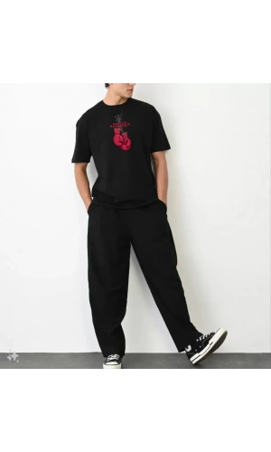 Unisex Bisiklet Yaka Baskılı Oversize T-Shirt - Siyah