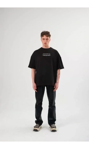 Unisex Bisiklet Yaka Baskılı Oversize T-Shirt - Siyah