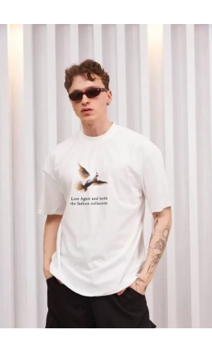 Unisex Bisiklet Yaka Baskılı Oversize T-Shirt - Siyah