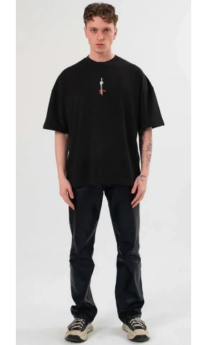 Unisex Bisiklet Yaka Baskılı Oversize T-Shirt - Siyah