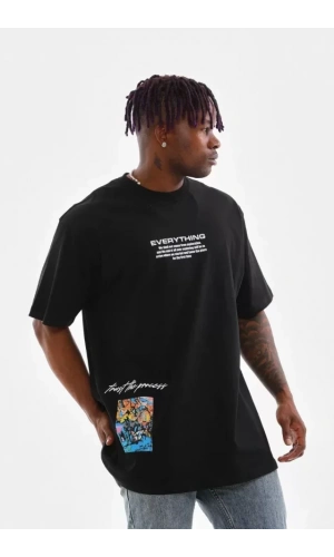 Unisex Bisiklet Yaka Baskılı Oversize T-Shirt - Siyah
