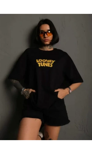 Unisex Bisiklet Yaka Baskılı Oversize T-Shirt - Siyah