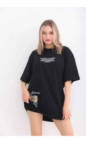 Unisex Bisiklet Yaka Baskılı Oversize T-Shirt - Siyah