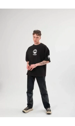 Unisex Bisiklet Yaka Baskılı Oversize T-Shirt - Siyah