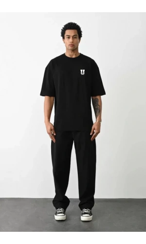 Unisex Bisiklet Yaka Baskılı Oversize T-Shirt - Siyah