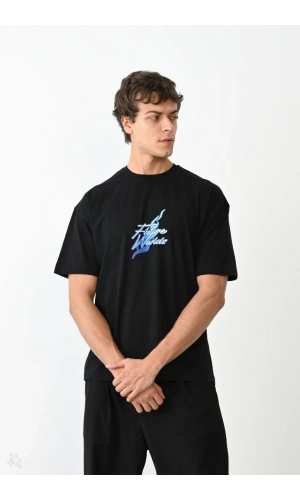 Unisex Bisiklet Yaka Baskılı Oversize T-Shirt - Siyah