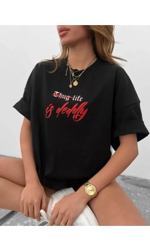 Unisex Bisiklet Yaka Baskılı Oversize T-Shirt - Siyah