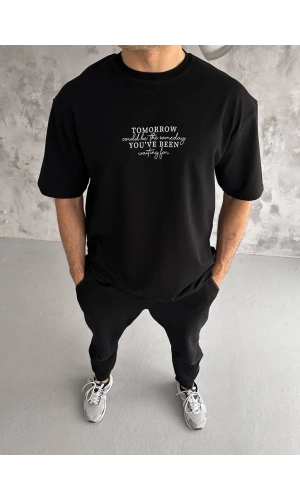 Unisex Bisiklet Yaka Baskılı Oversize T-Shirt - Siyah