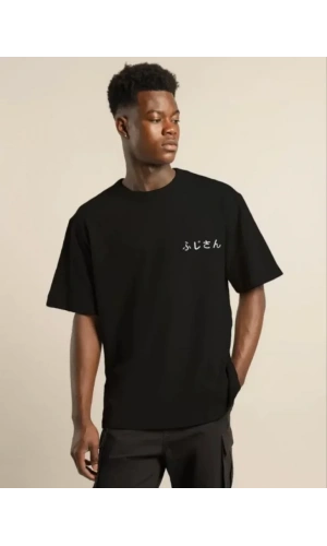 Unisex Bisiklet Yaka Baskılı Oversize T-Shirt - Siyah