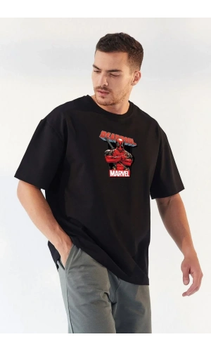 Unisex Bisiklet Yaka Baskılı Oversize T-Shirt - Siyah