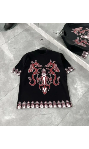 Unisex Bisiklet Yaka Baskılı Oversize T-Shirt - Siyah