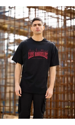 Unisex Bisiklet Yaka Baskılı Oversize T-Shirt - Siyah