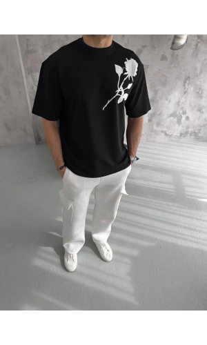 Unisex Bisiklet Yaka Baskılı Oversize T-Shirt - Siyah