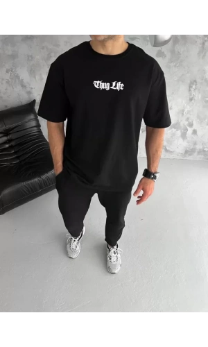 Unisex Bisiklet Yaka Baskılı Oversize T-Shirt - Siyah