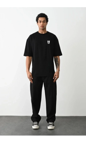 Unisex Bisiklet Yaka Baskılı Oversize T-Shirt - Siyah