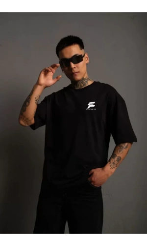 Unisex Bisiklet Yaka Baskılı Oversize T-Shirt - Siyah
