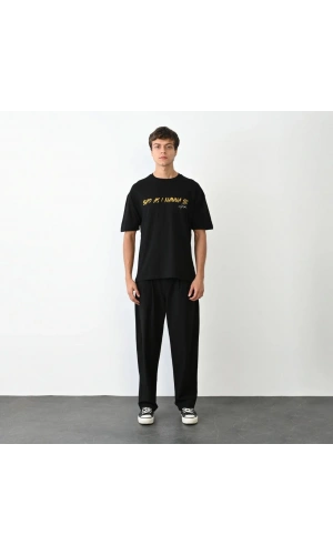 Unisex Bisiklet Yaka Baskılı Oversize T-Shirt - Siyah