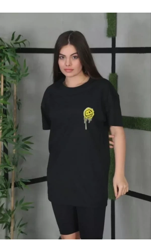 Unisex Bisiklet Yaka Baskılı Oversize T-Shirt - Siyah