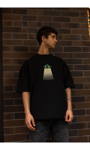 Unisex Bisiklet Yaka Baskılı Oversize T-Shirt - Siyah