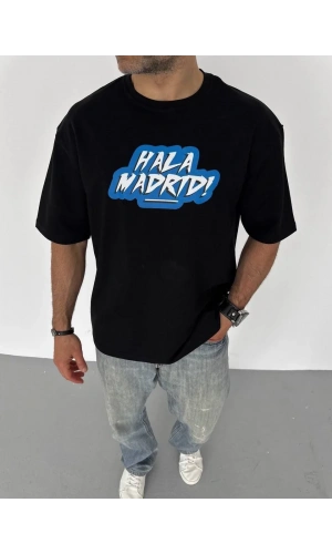 Unisex Bisiklet Yaka Baskılı Oversize T-Shirt - Siyah