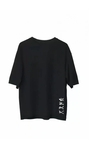 Unisex Bisiklet Yaka Baskılı Oversize T-Shirt - Siyah