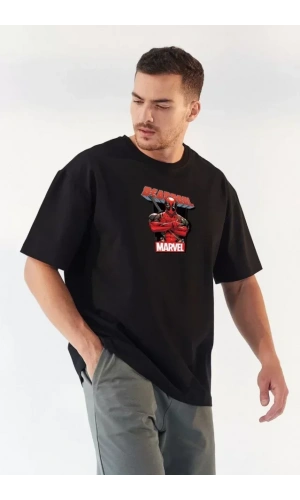 Unisex Bisiklet Yaka Baskılı Oversize T-Shirt - Siyah