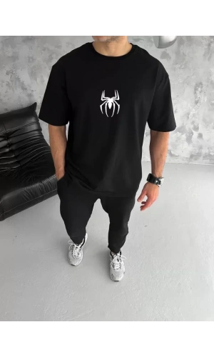 Unisex Bisiklet Yaka Baskılı Oversize T-Shirt - Siyah