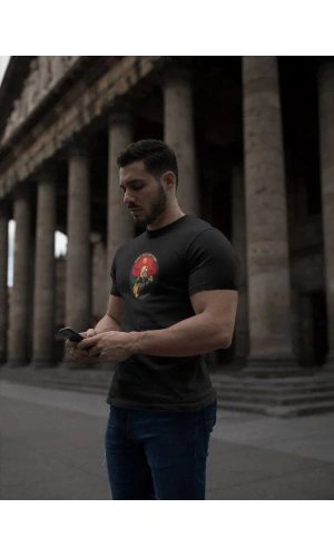 Unisex Bisiklet Yaka Baskılı Oversize T-Shirt - Siyah