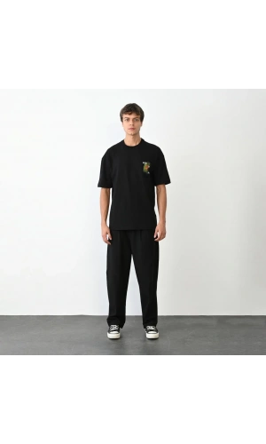 Unisex Bisiklet Yaka Baskılı Oversize T-Shirt - Siyah